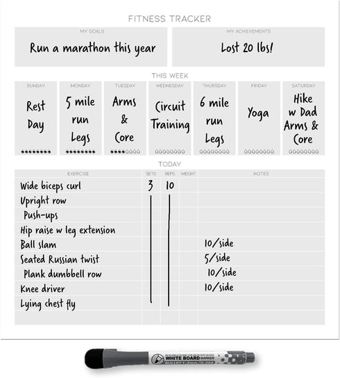 Dry Erase Whiteboard Fitness Tracker, Removable and Restickable Adhesive Decal, Fine-Tip Magnetic Marker Included