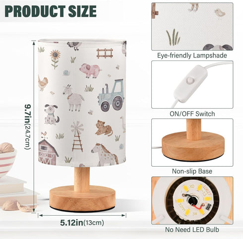 YYZZH Farm Animal House Car Windmill Cow Sheep Pig Horse Dog Cat Goose Hen Table Lamp with Wood Base Fabric Lamp Shade