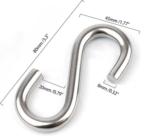 2 Pack 3.3-Inch Heavy Duty S Hooks, 304 Stainless Steel Hammock Hooks with Maximum Load Capacity of 557 lbs