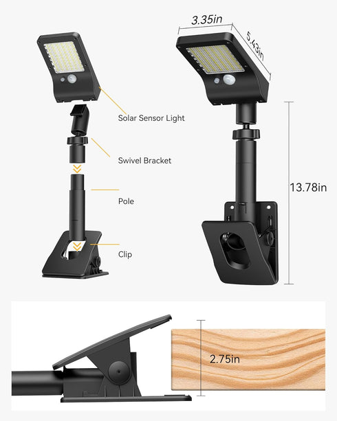 350LM 1200mAh 3 360 Mailbox, Clip On Solar Lights Outdoor, Solar Motion Sensor Clamp Light with Battery, Modes