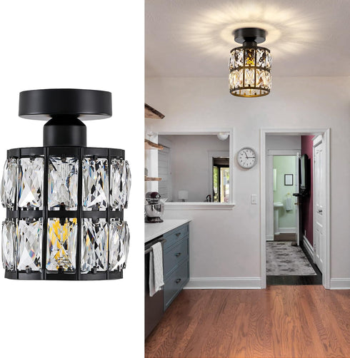 Ruibutrade Black Hallway Light Fixtures, Modern Semi Flush Mount Ceiling Light, 1-Light Crystal