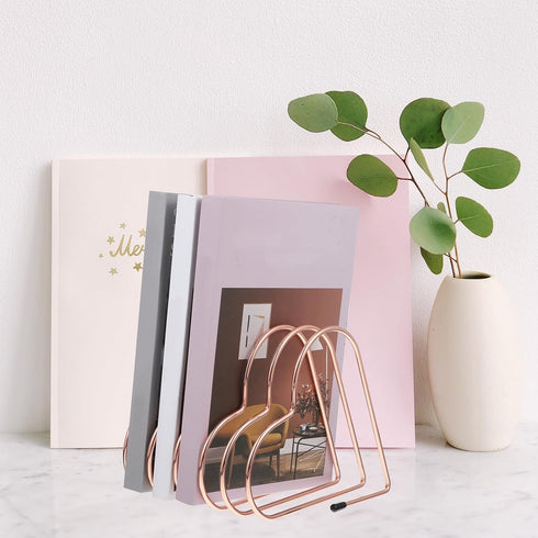 Set, NUOBESTY Expandable Rose Gold Book Holder and Bookend Metal Adjustable Desktop Book Rack for Student Desk Storage