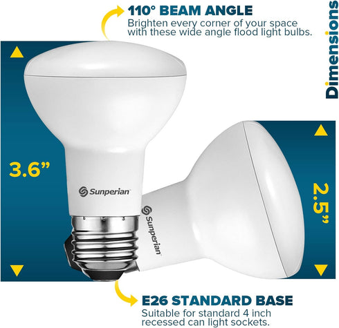 SUNPERIAN 6 Pack BR20 LED Bulb, 6W=50W, 4000K Cool White, 550 Lumens, Dimmable Flood Light Bulbs for Recessed Cans