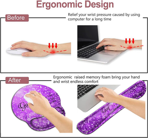 Mouse Pad with Wrist Support, Ergonomic Gel Memory Foam Keyboard Rest, Beautiful Purple Glitter for Office Decoration