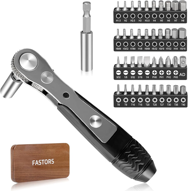 Right Angle Screwdriver, 42 PCS 1/4 Mini Ratchet Set, 90 Degree Offset Wrench with Hex/Torx/Slotted/Phillips Bits