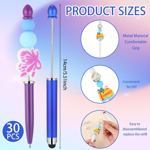 Qilery 30 Pcs Beaded Pens with Stylus Tips Plastic Beaded DIY Stylus 2-in-1, Multifunctional Stylus for Rubber Touch Screen Handwriting Ballpoint Pen 1.0mm, Black Ink, Office Supplies (Rose Red)