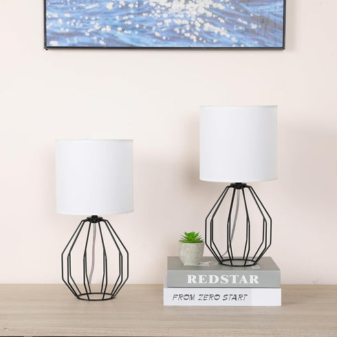Set 2 Small Table Lamp of Black, Bedside Lamps with Metal Cage & Linen Lampshade, Cute Desk Lamps for Nightstand