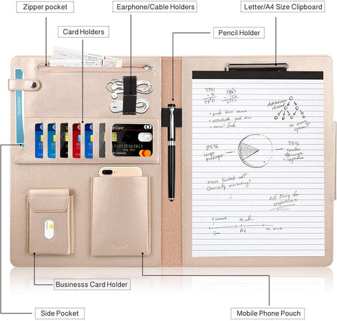 Toplive Black Padfolio Portfolio Case, Executive Business Folder with Document Sleeve, A4 Size Clipboard & Card Holders