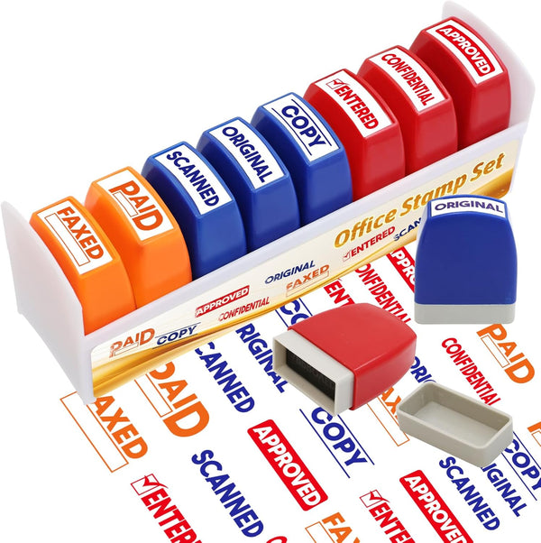 Self Inking Office Stamp Set, 8 Pcs Business Stamp Message Approved, Completed, Scanned, Faxed with Storage Tray
