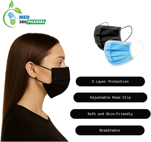 300 Pack 3 Black Ply Disposable Face Mask, Breathable Non Woven Layers Soft Earloop, Comfortable Fit for Adults Daily