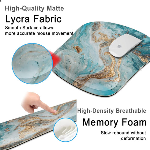 Keyboard Wrist Rest Ergonomic Mouse Pad Set, Memory Foam with Non-Slip Rubber Base for Home Office, Light Blue Marble