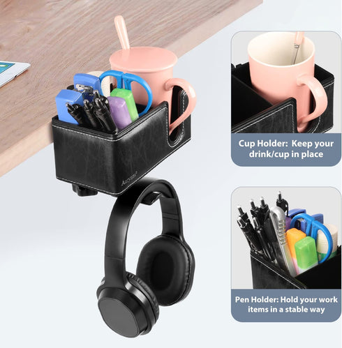 Desk Cup Holder Clip-on Pen Holder, Rotatable Headphone Hanger and Headset Stand Clamp Hook Under Desk (Black)
