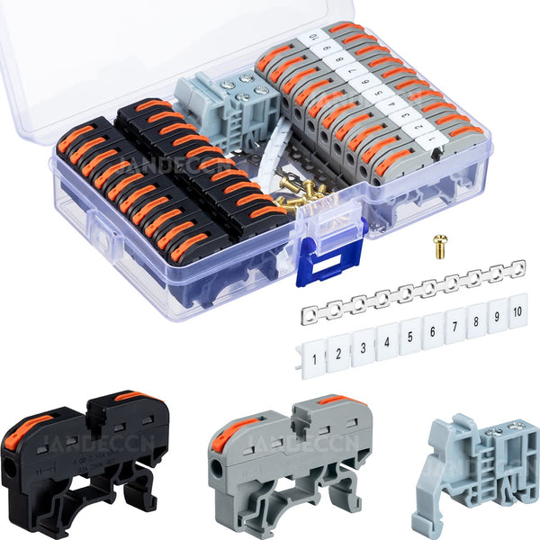 DIN Rail Terminal Blocks Kit, 20pcs Universal Compact Wire Connectors with 2 Connection Bars and 20 Screws for 24-12 AWG