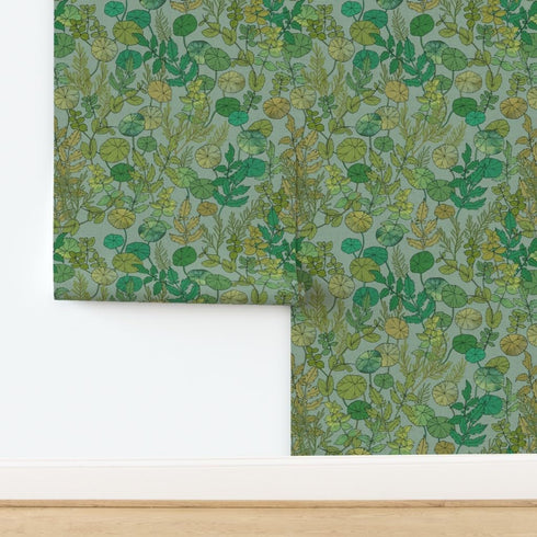 Commercial 1900S Grade Wallpaper Swatch - Green Leaves Mint Plants Gardening Peas Herbs Nasturtium Gardener Rosemary