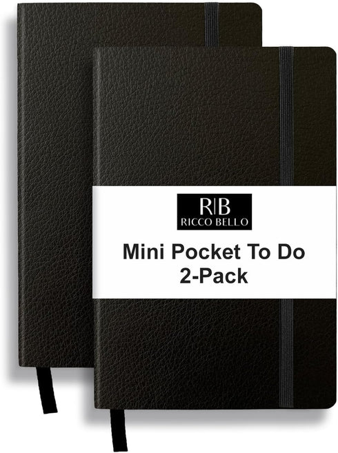 RICCO BELLO Mini Pocket To Do List Notebook, 2-Pack, Soft Faux Leather Cover, Undated, 3.75 x 5.6 inches, Black