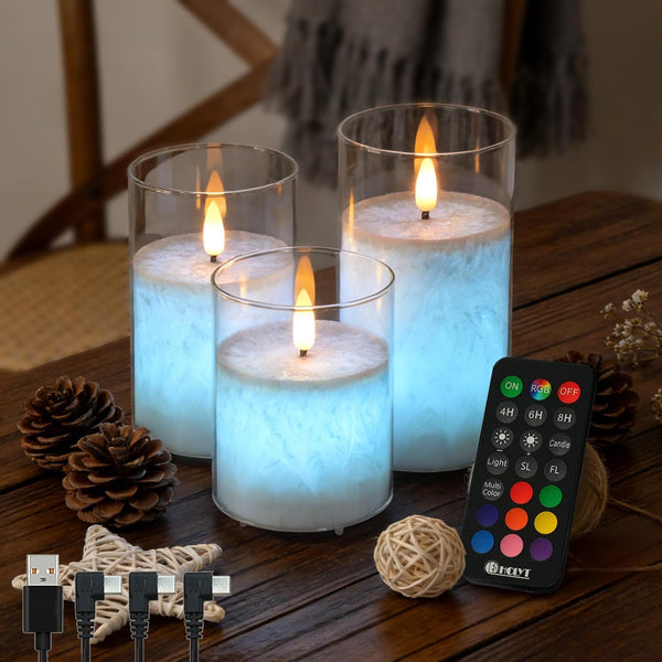 Rechargeable Ice Crystal Glass Flameless Candles, RGB Color Changing Realistic Flickering Flameless
