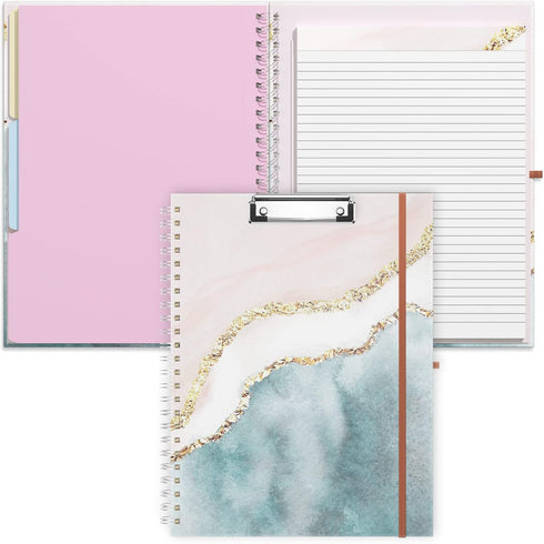 Rimilak Spiral Clipboard Folio, 14.5 x 9.8 Inch, Refillable Lined Notepad, Cute Stylish Clipfolio, Pink Gold Marble