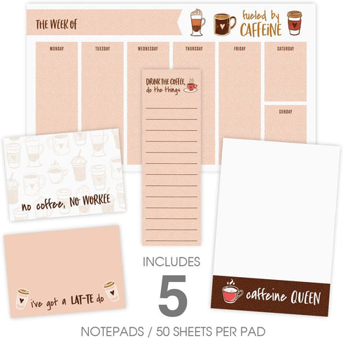 Coffee Lover Themed Sticky Note Ensemble Set/Trendy Repositionable Blush Notepad Desk Set / 5 Snarky Caffeine Designs in Various Sizes/Made in USA