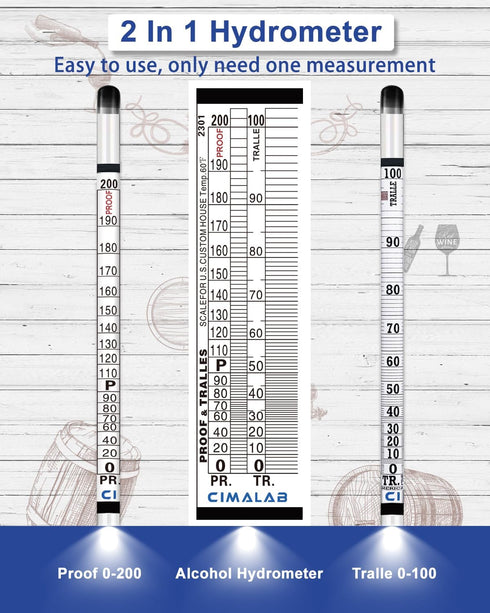Hydrometer Alcohol Meter Kit, 0-200 Proof & Tralle with Test Jar for Liquor/Moonshine/Spirits