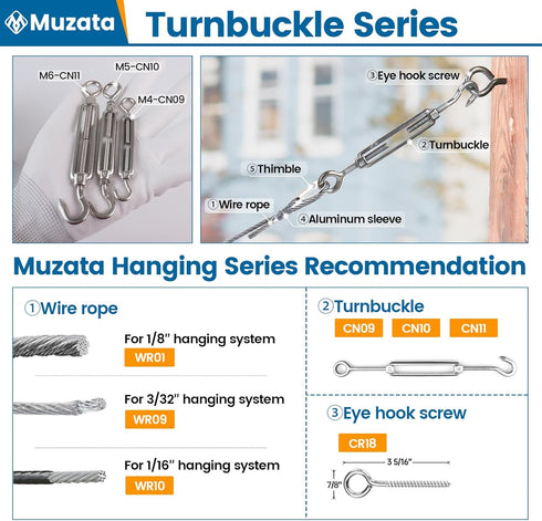 Muzata 10 Pack M4 Turnbuckle Hook and Eye Turnbuckles for Cable Wire, T304 Stainless Steel Heavy Duty Tensioner Kit