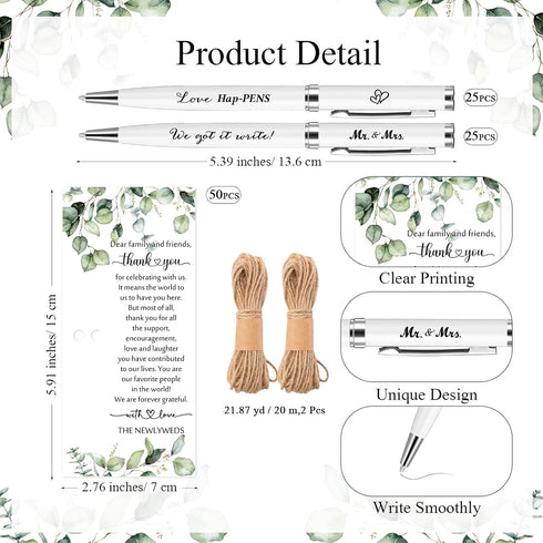 Affrolling 50 Sets Wedding Favors for Guests Bulk Retractable Ballpoint Pen Thank You Cards with Hemp Rope Bridal