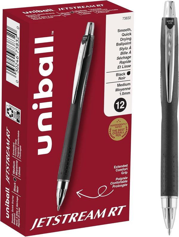 uni-ball Jetstream RT Retractable Ballpoint Pens, Medium Point (1mm), Black, 12 Pack