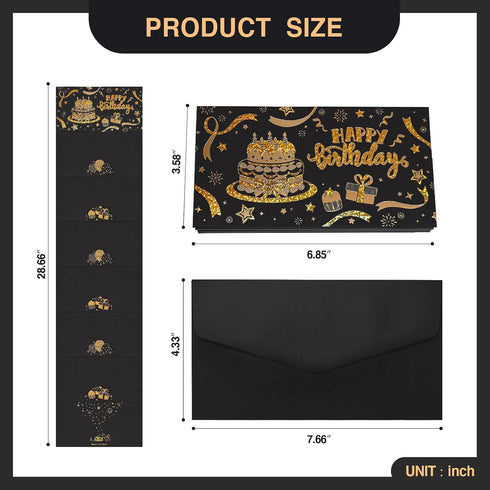 6 Black Gold Happy Birthday Money Envelope for Cash, DIY Money Holder with Slots for Cash, Surprise Card Holder