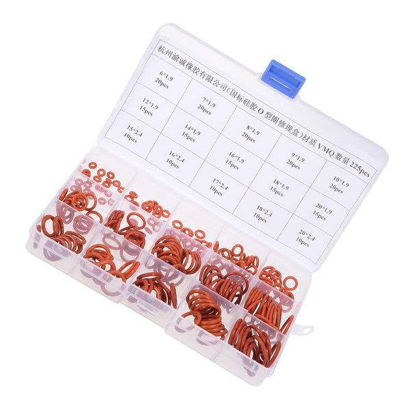 Silicone Rubber O Ring Assortment Kit, 15 Sizes, 225-Pieces for Automotive Plumbing Sealing Repair