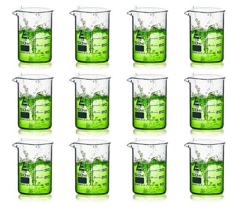 EISCO 12PK Beakers, 50mL - Borosilicate Glass, Low Form with 10mL Graduations