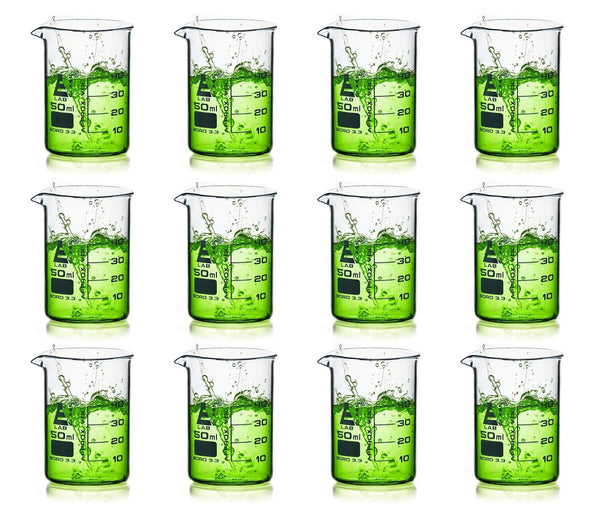 EISCO 12PK Beakers, 50mL - Borosilicate Glass, Low Form with 10mL Graduations