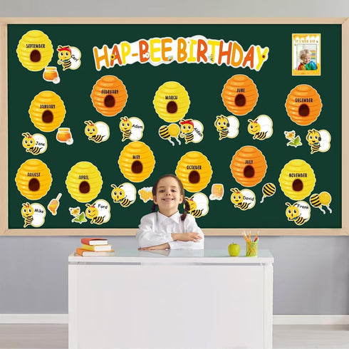 Qyeahkj Bee Birthday Bulletin Board Set, Honeycomb Cutouts, Birthday Decorations for Classroom, Teacher Supplies