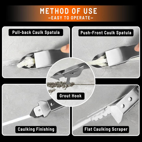 Stainless Steel Caulking Tool Kit, 4 in 1 Grout Removal Tool for Kitchen, Bathroom, Floor Sealant