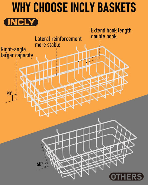 4 Pack Set, 4 INCLY Pegboard Baskets Bins Size Square Style Metal White Wire Basket for Any Peg Board Organizing Tools