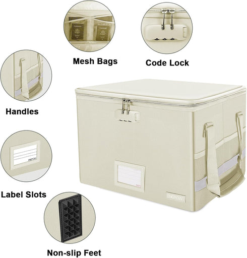 ENGPOW Fireproof Document Box with Lock, Collapsible File Storage Organizer Box with Zipper Lid, Portable Home Office