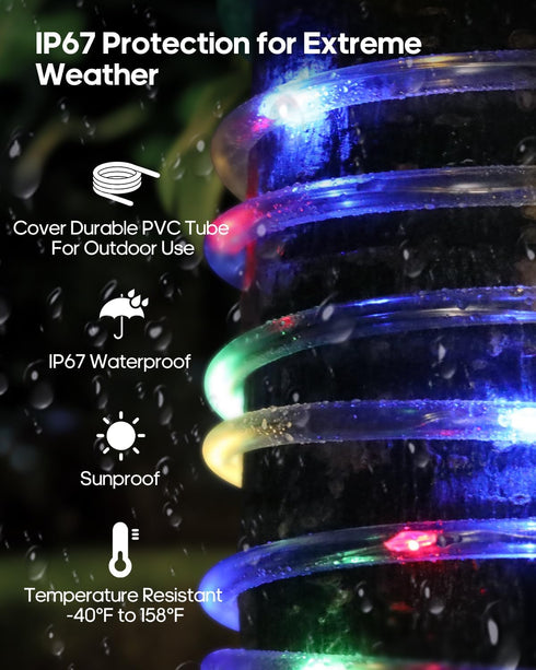 66FT 200LED 1800mAh IP67 8 ICRGB Trampoline Lights, Solar Rope Lights Outdoor, Waterproof, Solar Power Outdoor Light