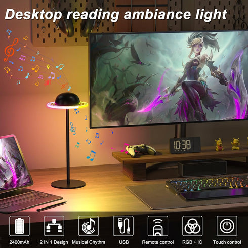 2400mAh Dimmable Cordless Table Lamp, Portable LED Desk Lamps, Rechargeable & with Remote, Dynamic Music Sync