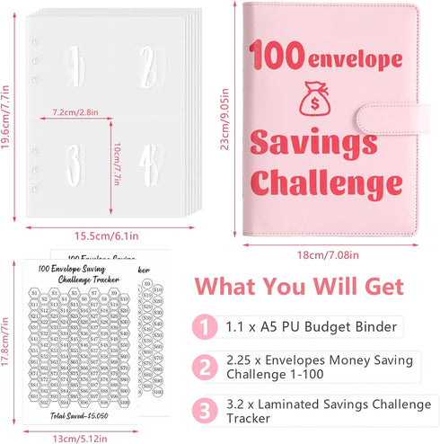Money Saving Binder - 100 Envelopes Money Saving Challenge, Savings Book with Cash Envelopes for Budgeting