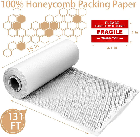 White Honeycomb Wrapping Paper, 15"x131' Sustainable Alternative to Bubble Wrap for Moving and Packaging with 20