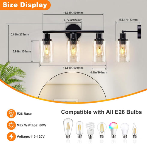 3-Light 18.51" DLLT Bathroom Light Fixtures: Black Modern Vanity Lights with Clear Glass Shade - Bathroom Wall Lamp