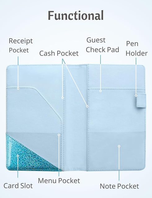 Mymazn Holographic Glitter Waitress Book Organizer for Server Wallet, Guest Check Book Serving, Glitter Blue