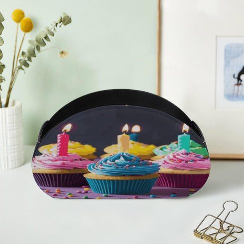 GHENBLT 5 Remote Control Holder, Leather TV Colorful Birthday Cupcakes Remote Caddy Organizer, Desktop Organizer