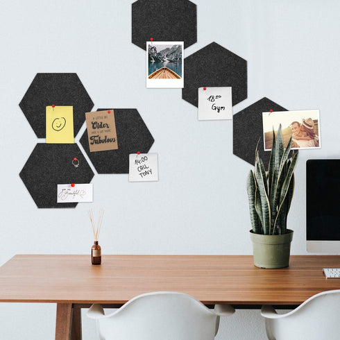 Navaris Hexagon Felt Board Tiles - Set of 6 Notice Memo Bulletin Boards with Push Pins, 5.9 x 7 inches (Dark Grey)