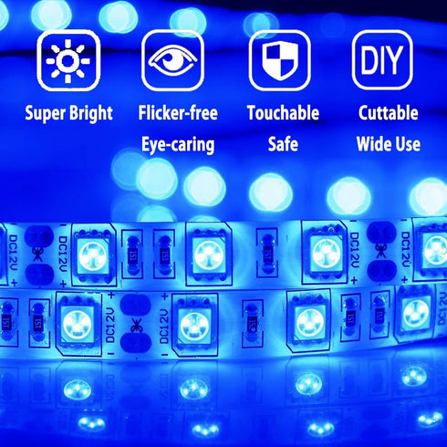 HAUTY 16ft/5m SMD5050 300 DC12V 12V Waterproof Blue LED Strip Light, LEDs Flexible Cuttable LED Tape (No Power