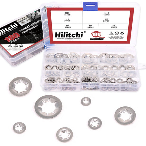 Hilitchi 180 Piece 304 Stainless Steel Internal Tooth Starlock Washers Assortment Kit - 7 Sizes