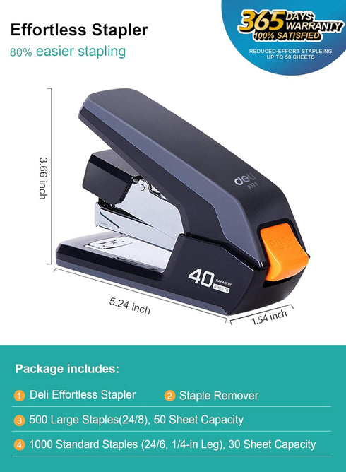 Deli Effortless Desktop Stapler, 40 Sheet Capacity, One Finger Touch Stapling, Easy to Load Ergonomic Heavy Duty Stapler, includes 1500 Staples and Staple Remover by Leven