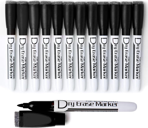 Volcanics Magnetic Dry Erase Markers with Eraser, Low Odor Fine Tip Whiteboard Pens Pack of 12, Black
