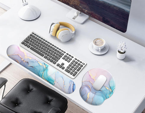 Mouse Pad Wrist Support, Ergonomic Memory Foam Keyboard Wrist Pad & Gel Wrist Rest Set for Computer Keyboard for Easy Typing & Pain Relief for Office & Home (Cyan Pink Marble) by eulps