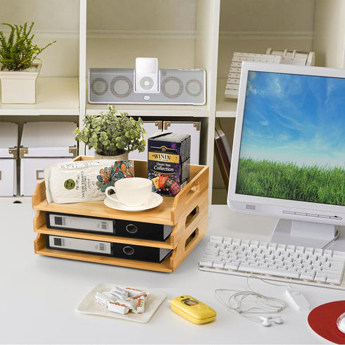 Okllen 3 Pack Stackable Paper Trays, Bamboo Desk Letter Tray Set for A4 Paper, Magazine, Office Supplies
