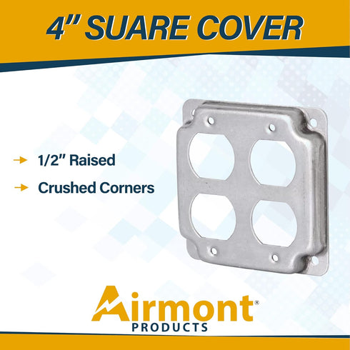 AP-12098, 4" Square Double Duplex Receptacle Electrical Box Cover, 1/2" Raised, Exposed Work, Galvanized Steel, Crushed Corners, 2-Gang