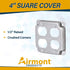 AP-12098, 4" Square Double Duplex Receptacle Electrical Box Cover, 1/2" Raised, Exposed Work, Galvanized Steel, Crushed Corners, 2-Gang